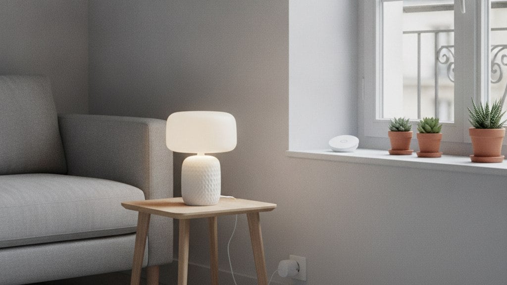 Coin salon avec une lampe de table allumée, une prise connectée sur la plinthe et un petit capteur blanc sur le rebord de la fenêtre