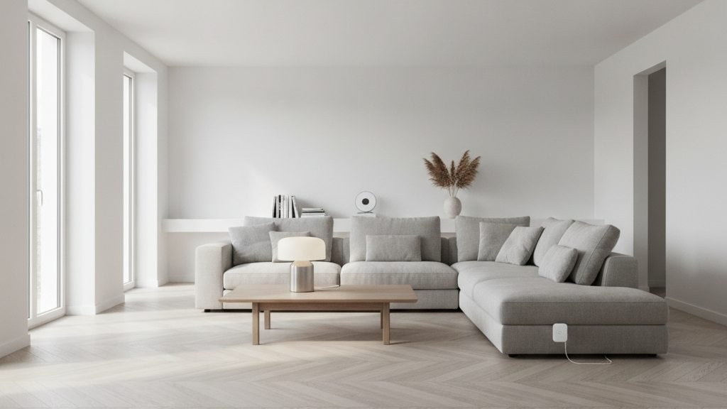 Salon contemporain clair avec une lampe connectée à intensité variable, une prise connectée et un petit capteur posé sur une étagère