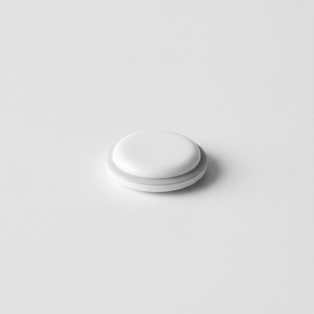 Bouton d'ambiance connecté rond blanc mat posé sur un fond gris neutre