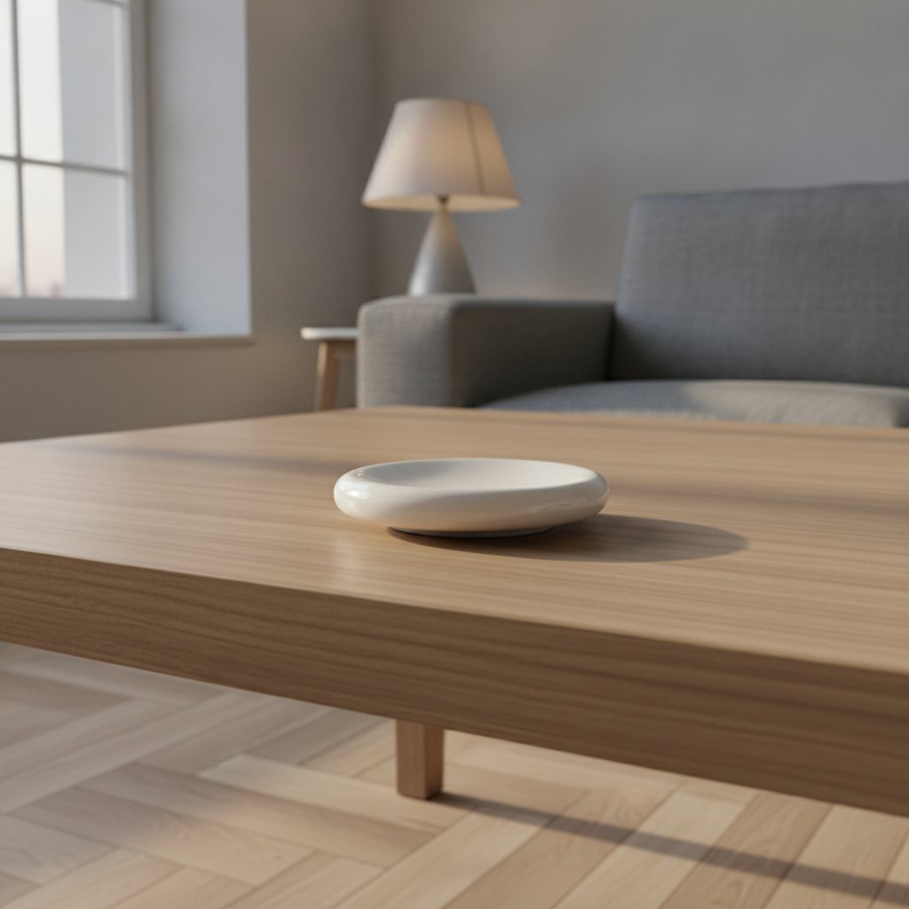 Bouton connecté blanc posé sur une table basse en chêne dans un salon