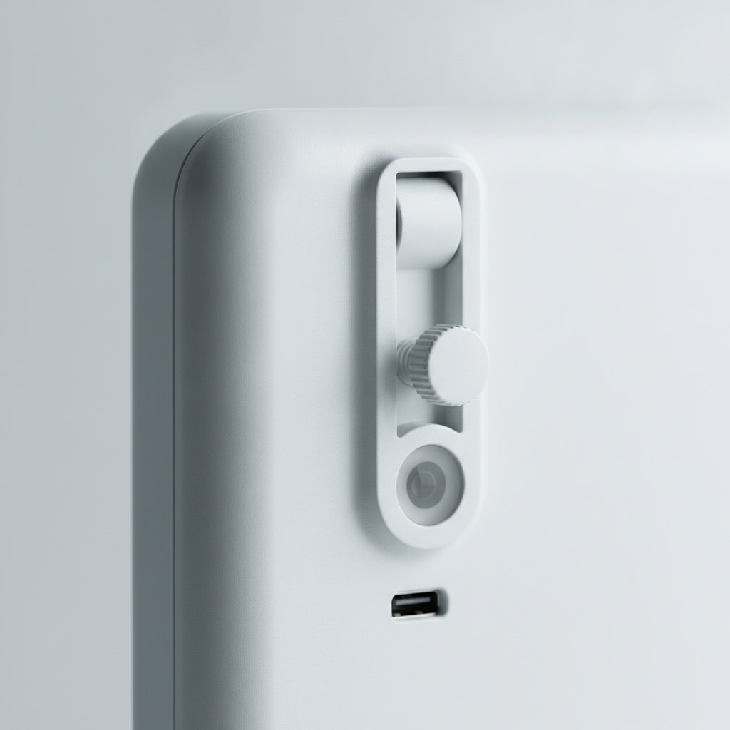 Gros plan sur le support orientable et le port USB-C du capteur