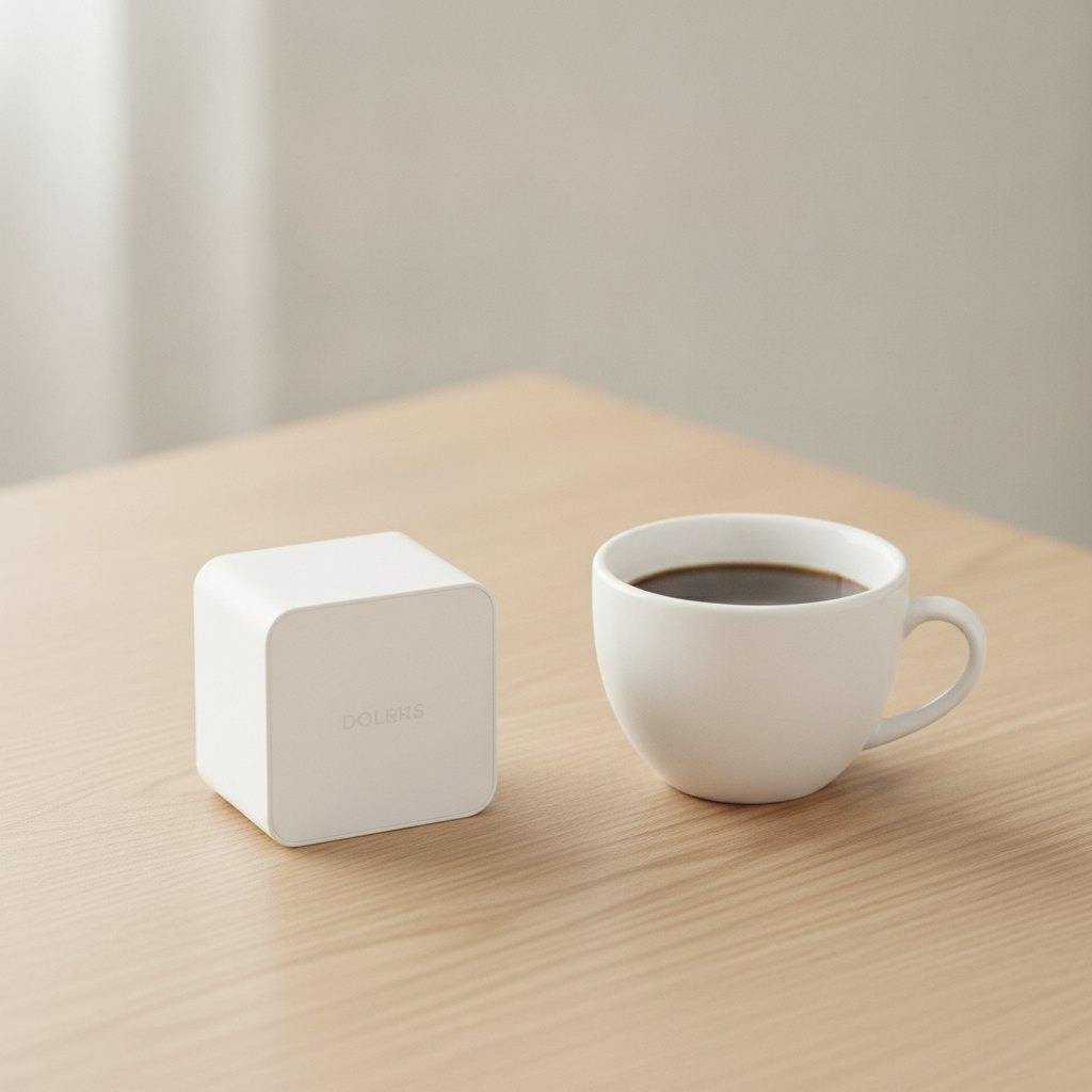 Capteur de présence posé à côté d'une tasse à café blanche