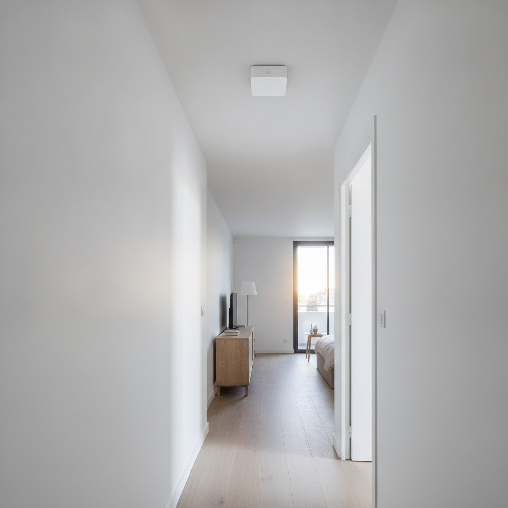 Capteur de présence fixé au plafond d'un couloir clair d'appartement