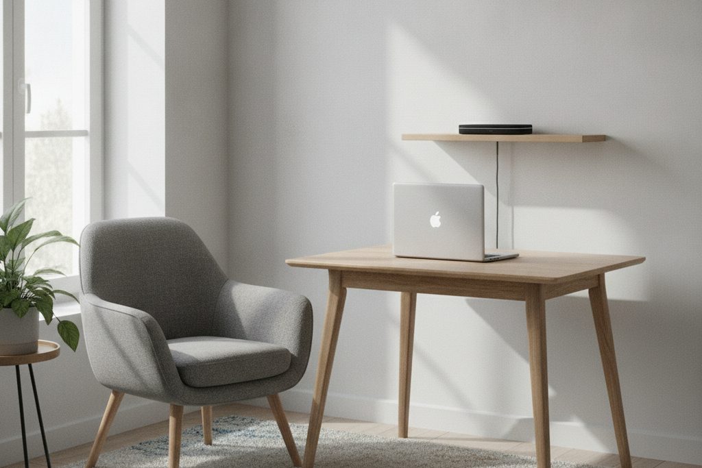 Petit boîtier alimenté par câble posé sur une étagère au-dessus d'un coin bureau