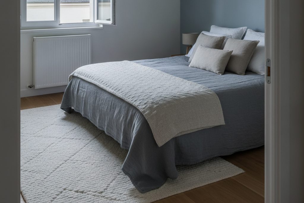 Chambre fraîche avec radiateur sous une fenêtre entrouverte en fin d'après-midi