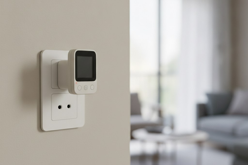 Petit boîtier de mesure branché sur une prise murale blanche, écran éteint, lumière naturelle douce
