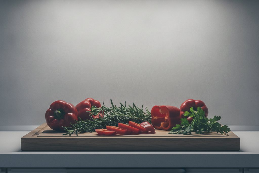 Plan de travail de cuisine éclairé en blanc neutre, couleurs des légumes bien rendues
