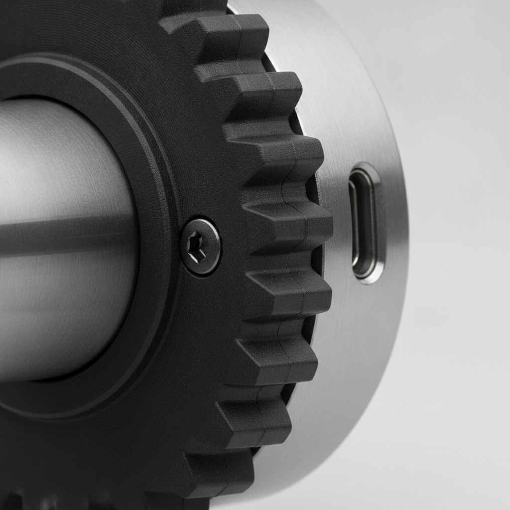 Roue crantée du moteur serrée autour d'une tringle ronde en acier brossé