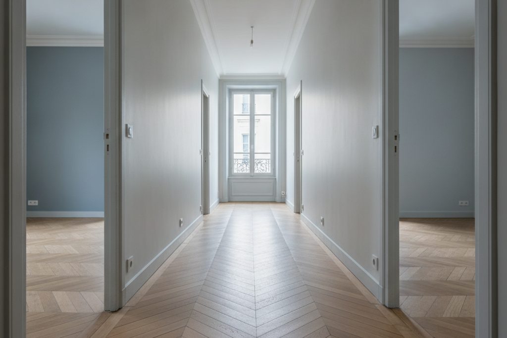 Couloir d'appartement ancien en enfilade avec prises et interrupteurs blancs le long du mur