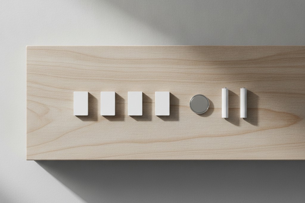 Quatre petits modules électroniques blancs alignés près d'une pile bouton et de deux piles bâton sur un plan de travail en bois