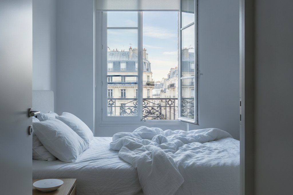 Chambre aérée au petit matin avec un petit capteur posé sur la table de chevet