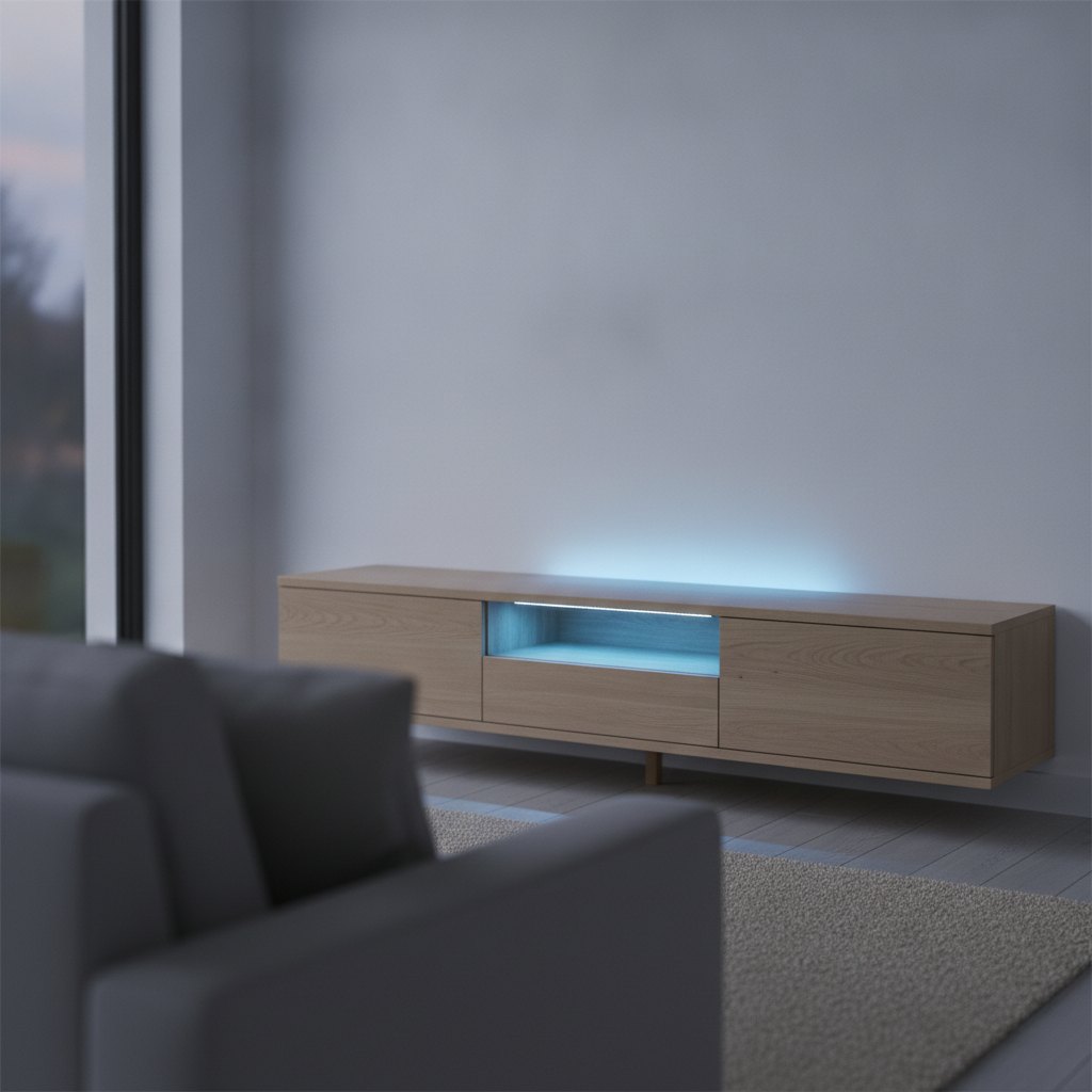 Ruban lumineux connecté installé sous un meuble télé dans un salon en soirée