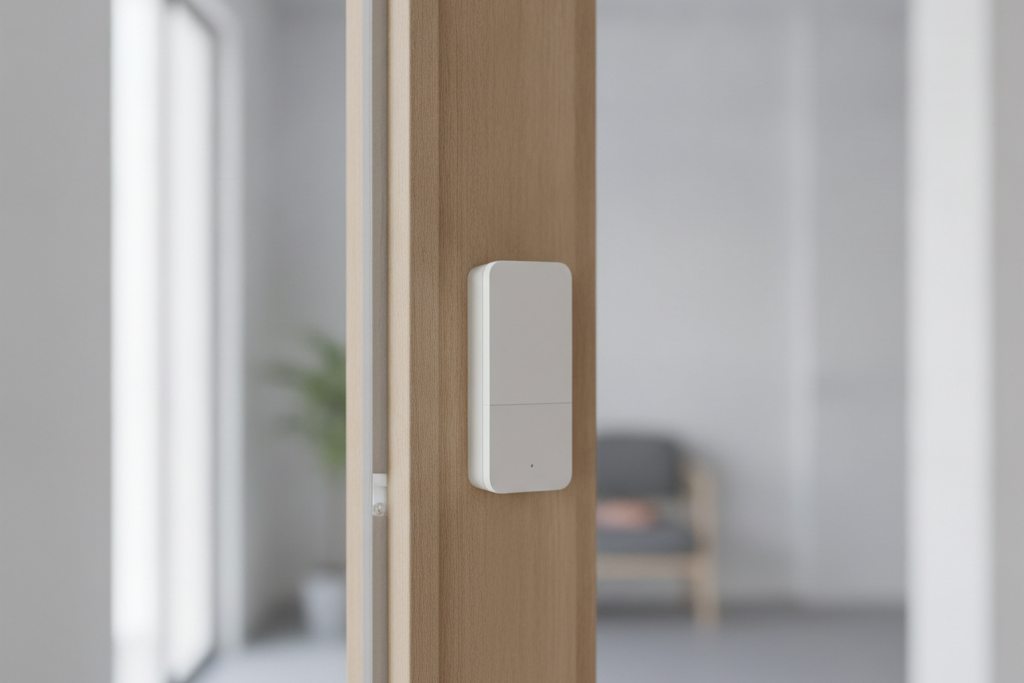 Petit capteur d'ouverture blanc fixé sur le cadre d'une porte en bois
