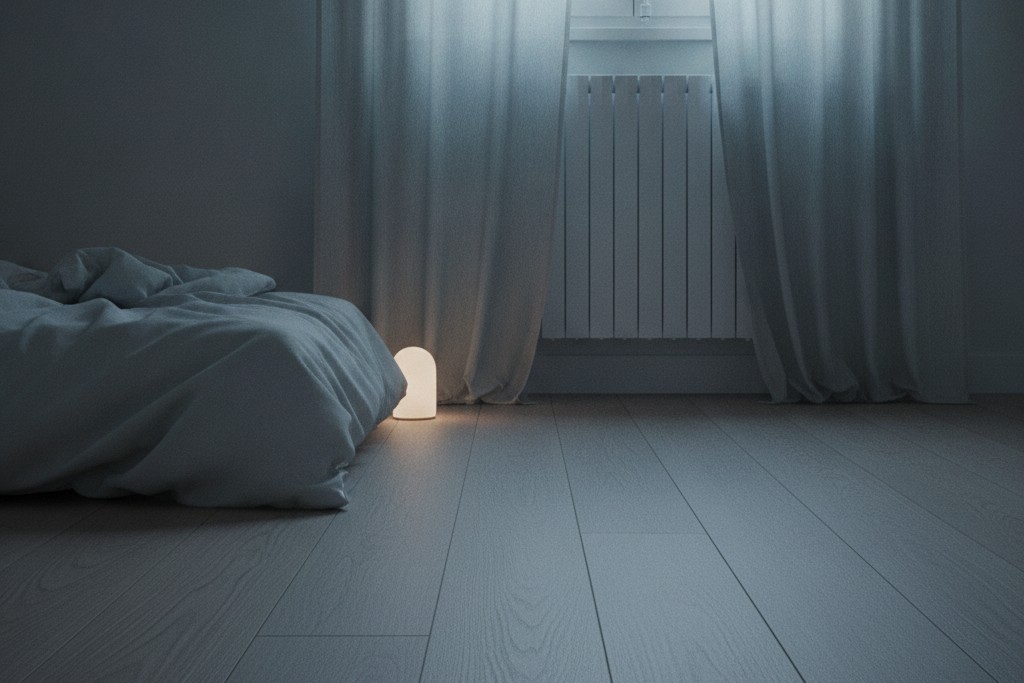 Veilleuse basse éclairant un parquet dans une chambre au petit matin
