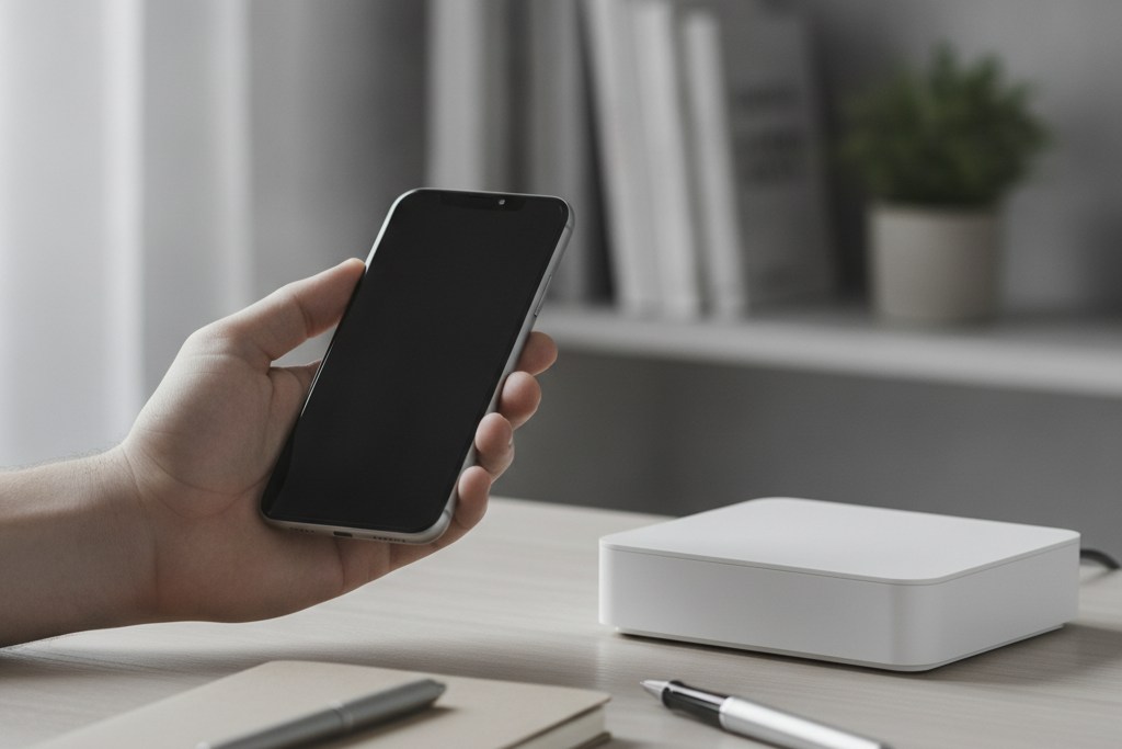 Main tenant un téléphone éteint à côté d'un boîtier réseau blanc sur une table en bois