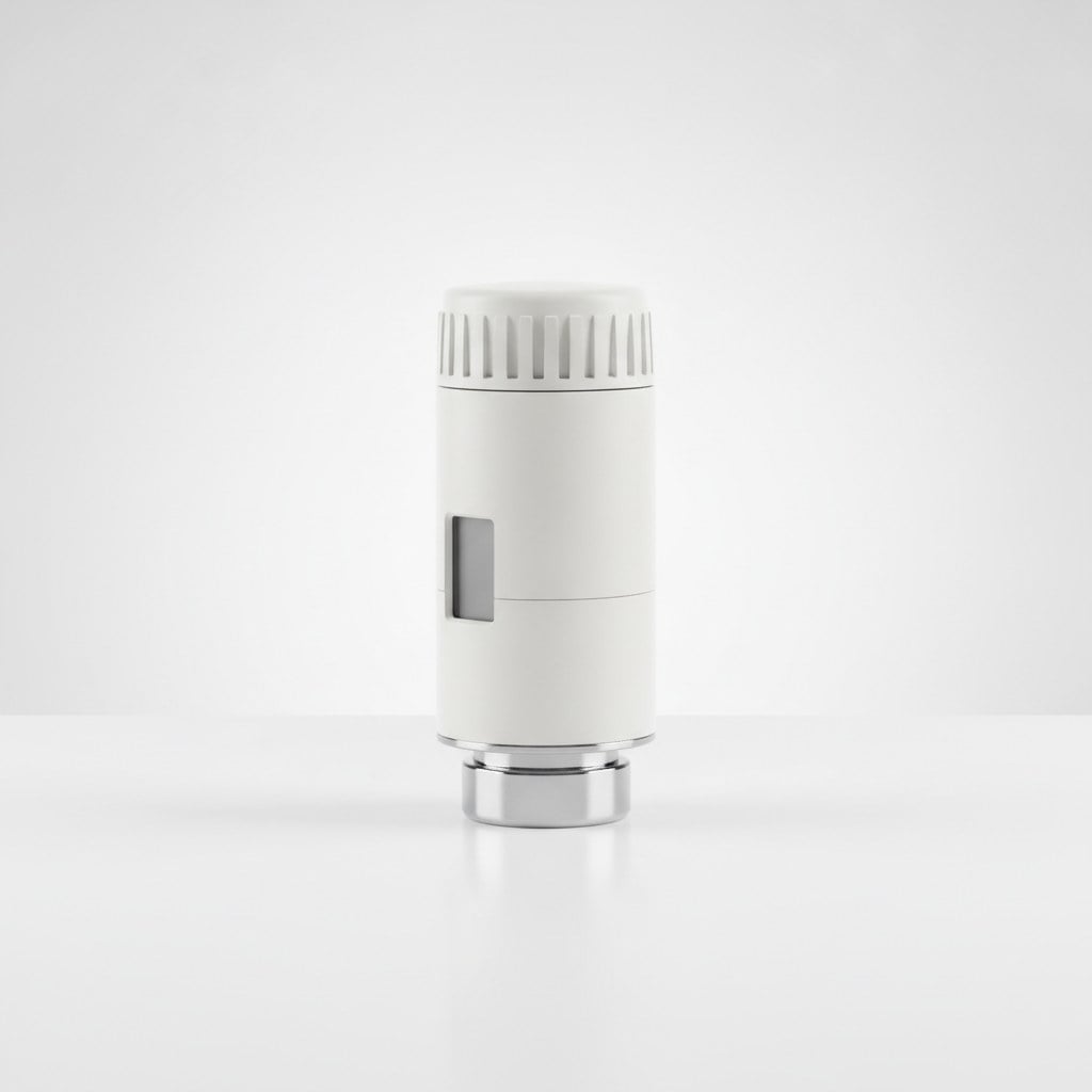 Tête thermostatique connectée blanche debout sur un fond gris clair