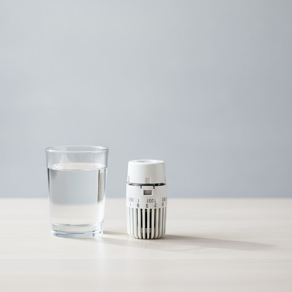 Tête thermostatique posée près d'un verre à eau pour la taille