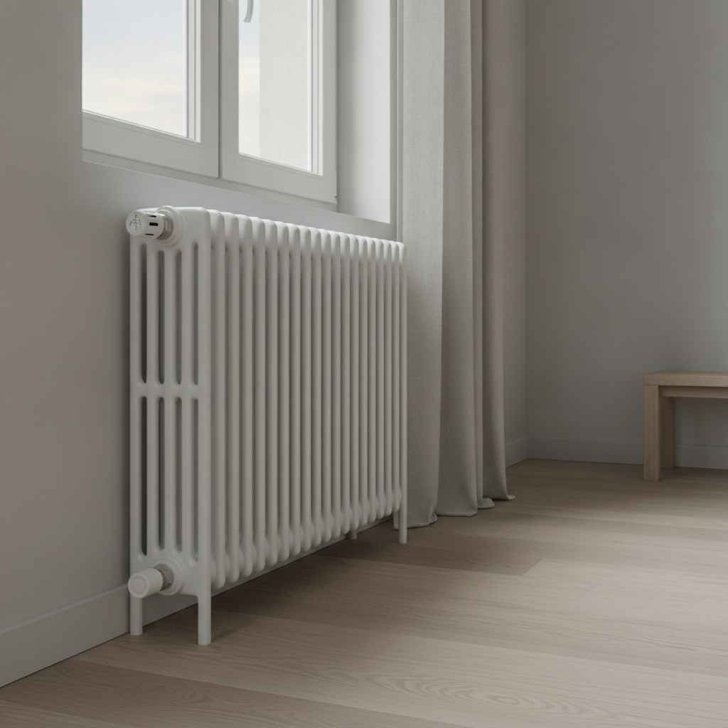 Tête thermostatique blanche installée sur un radiateur sous une fenêtre